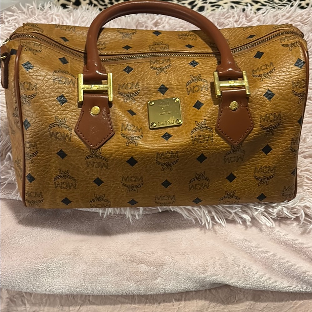 MCM Cognac Visetos Boston Bag